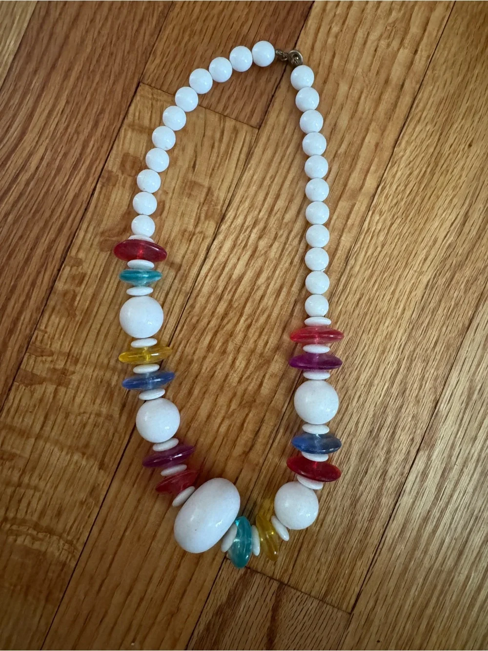 Vintage White Beaded Necklace with Multicolor Accent Discs